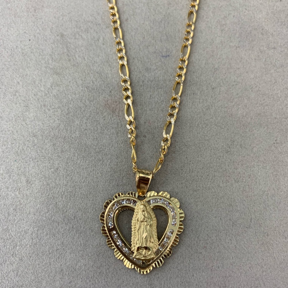 14 KT Gold Virgin Mary Heart Pendant & 14KT Chain